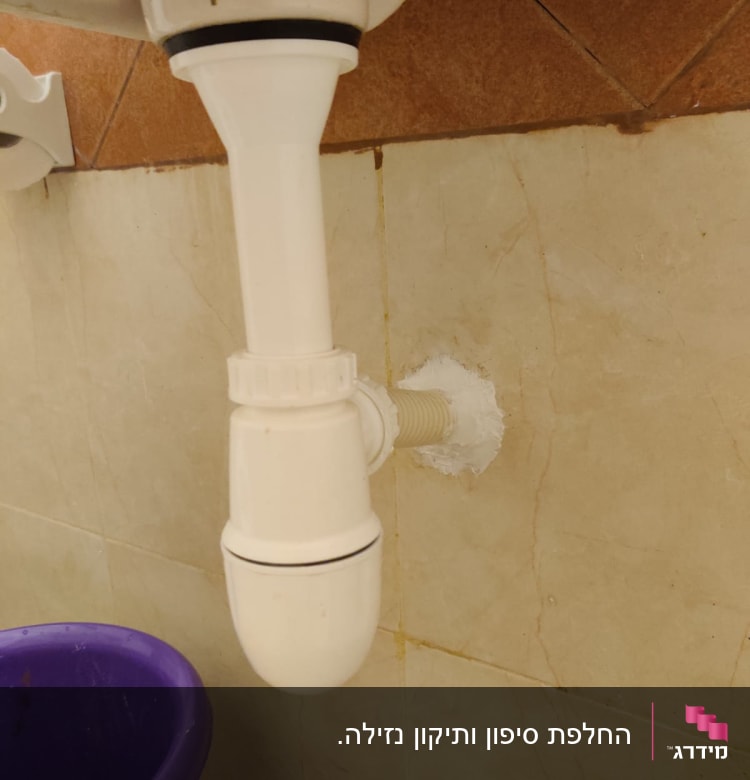 צינור ניקוז לבן מתחת לכיור עם דלי סגול